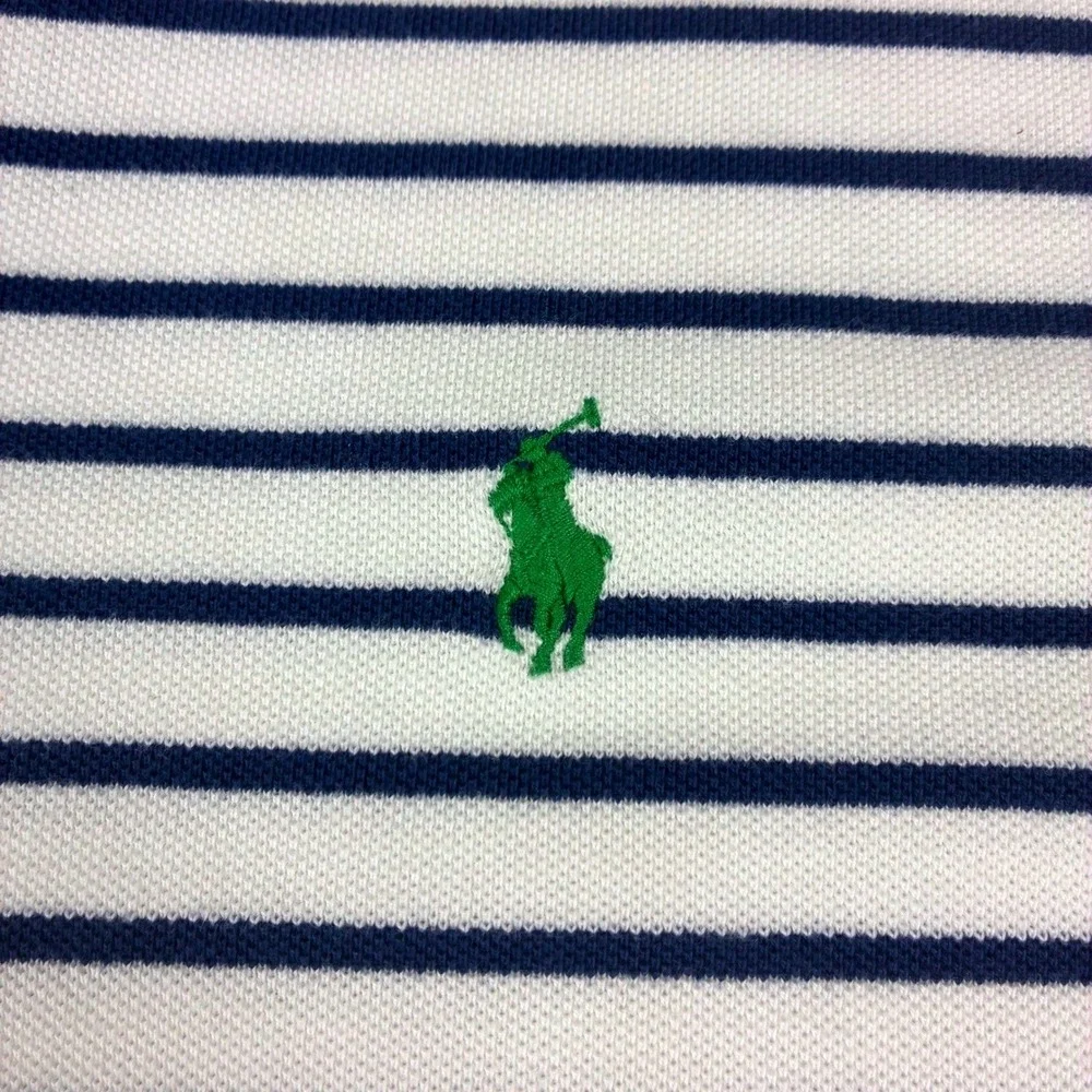 Polo Ralph Lauren Polo Shirt Mens L White Navy Blue‎ Striped Custom Fit Preppy